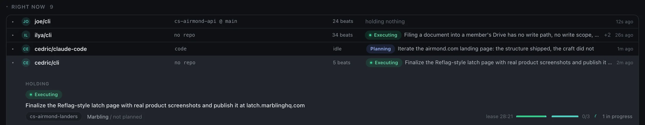 The live roster: four sessions across two people, one executing session expanded showing the task it holds, its repo, its lease with 28 minutes left, and 0 of 3 plan steps done
